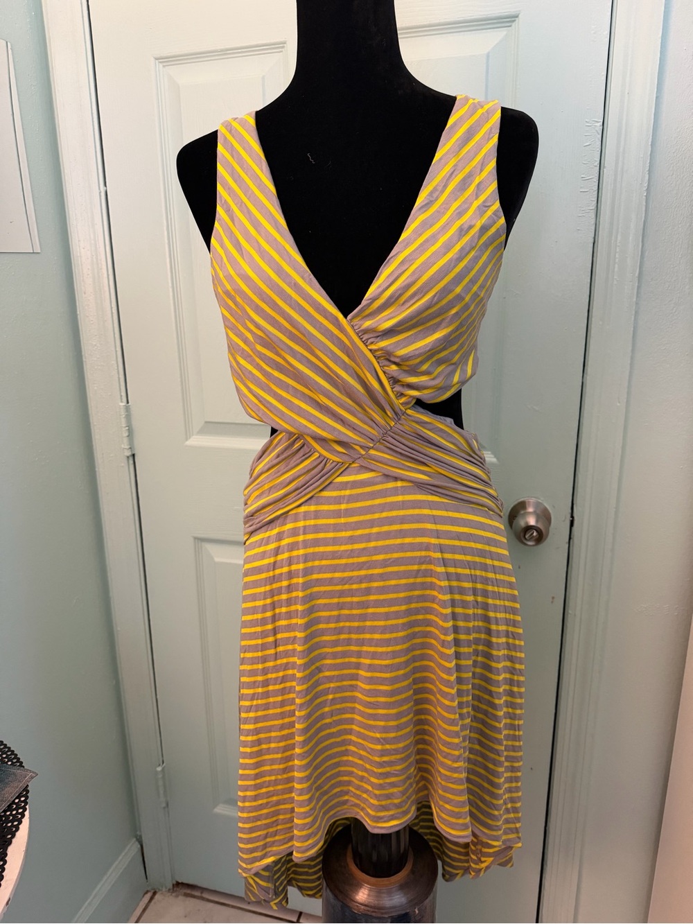 Lush Yellow and Gray Striped High-Low Wrap Dress
